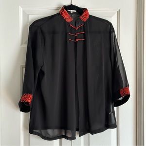 Dai Qi Korean Womens wrap/Cover Sz XL Black sheer red accent collar & cuffs NWOT